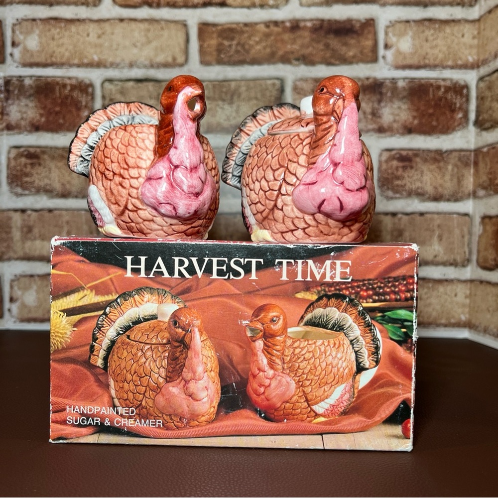 Vintage Harvest Time Ceramic Turkey Design Sugar & Creamer Set - 🦃 Thanksgiving
